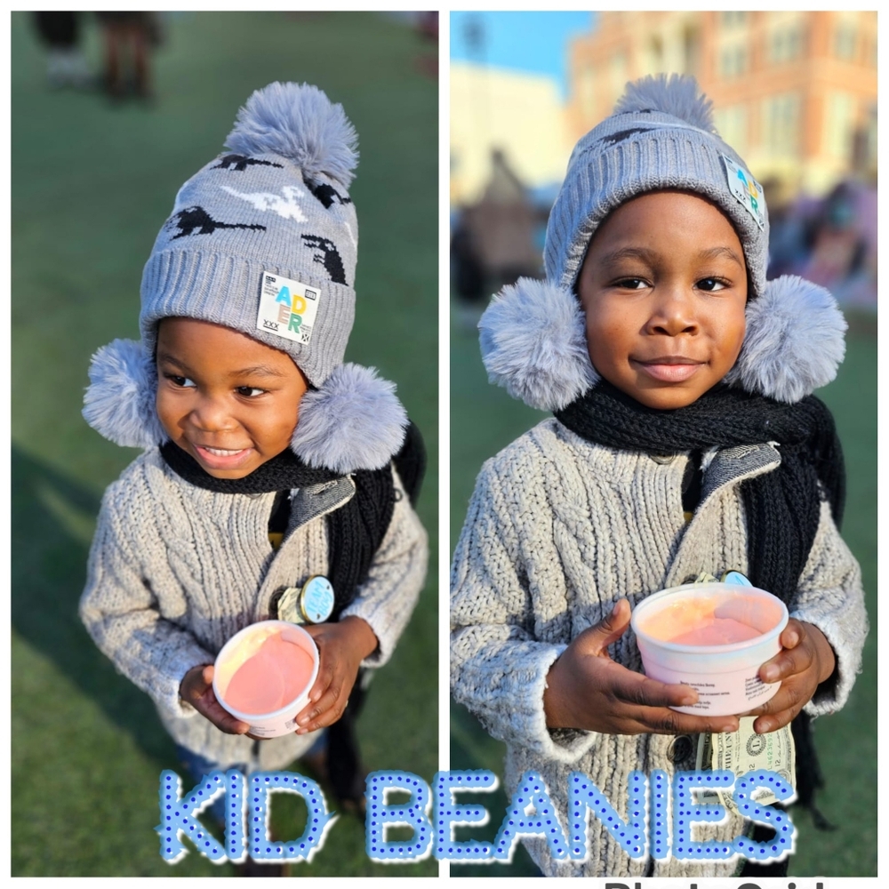 Dinosaur boys pompom beanie in grey, black, and white